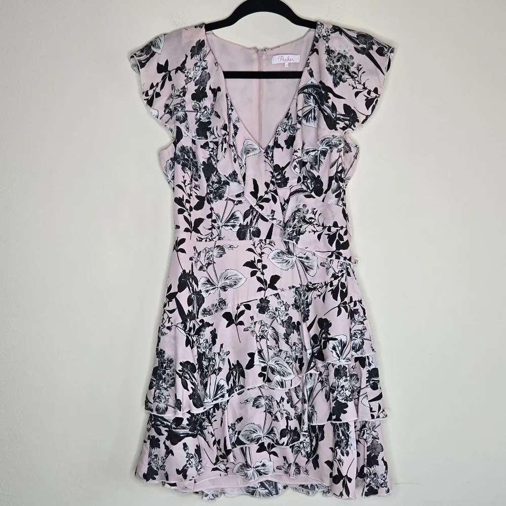 Parker 100% Silk Floral Mini Dress V-Neck Ruffle Wedding Guest Cocktail
